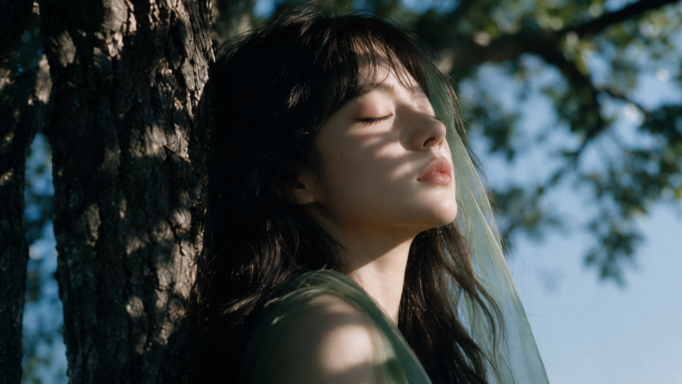 Cinematic portrait beside a tree before an optical effect