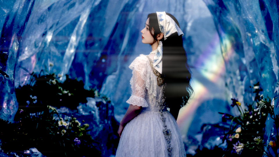 Elegant horizontal spectral streaks extending through a cinematic portrait
